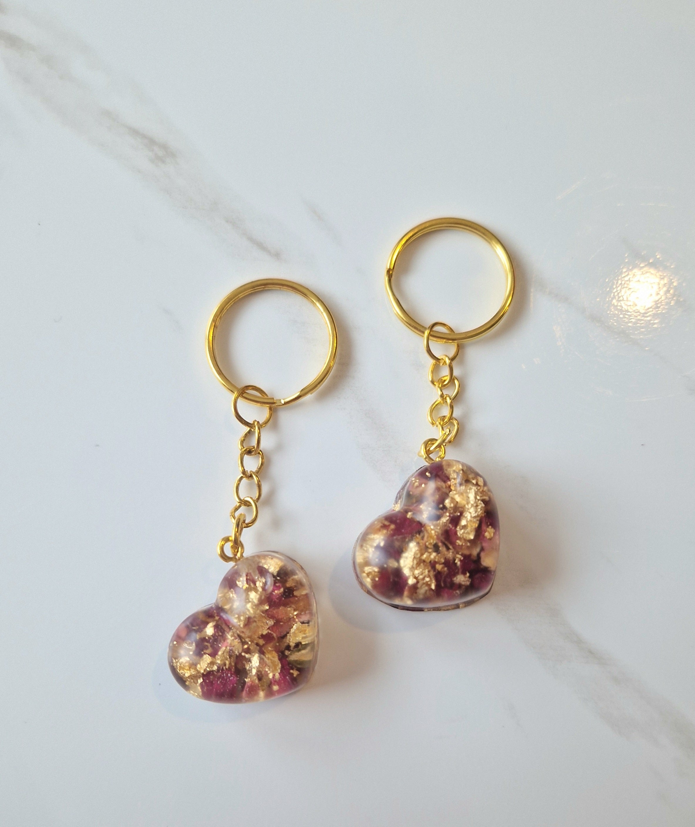 Roses And Gold Resin Heart Keychain