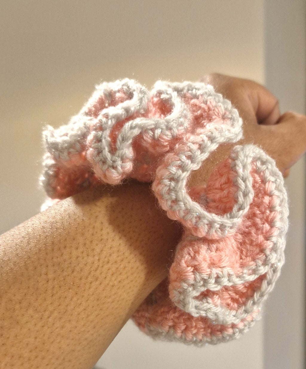 Cute Chunky Crochet Scrunchie Pink and Grey