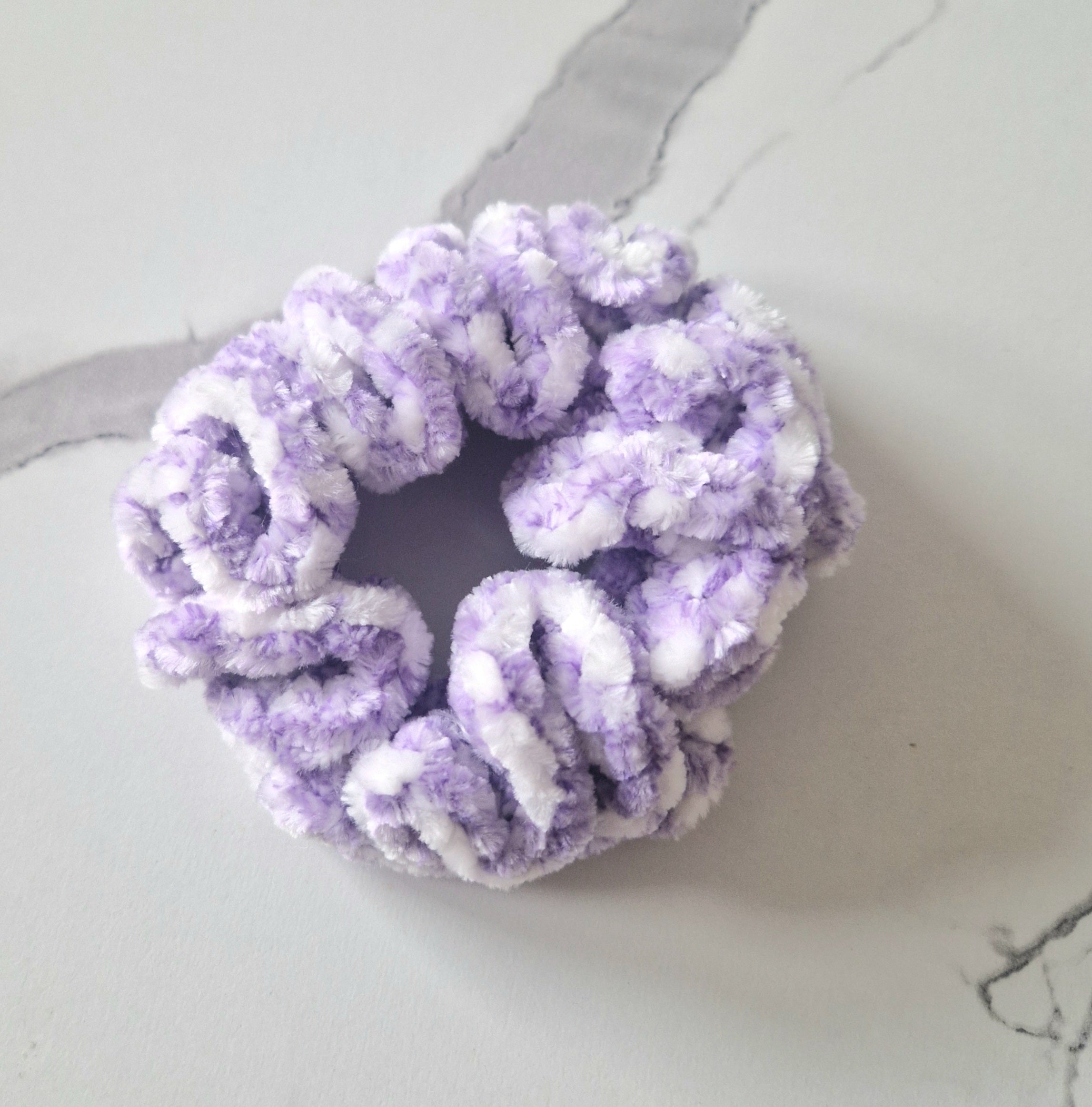 Fluffy Crochet Scrunchie Purple and white