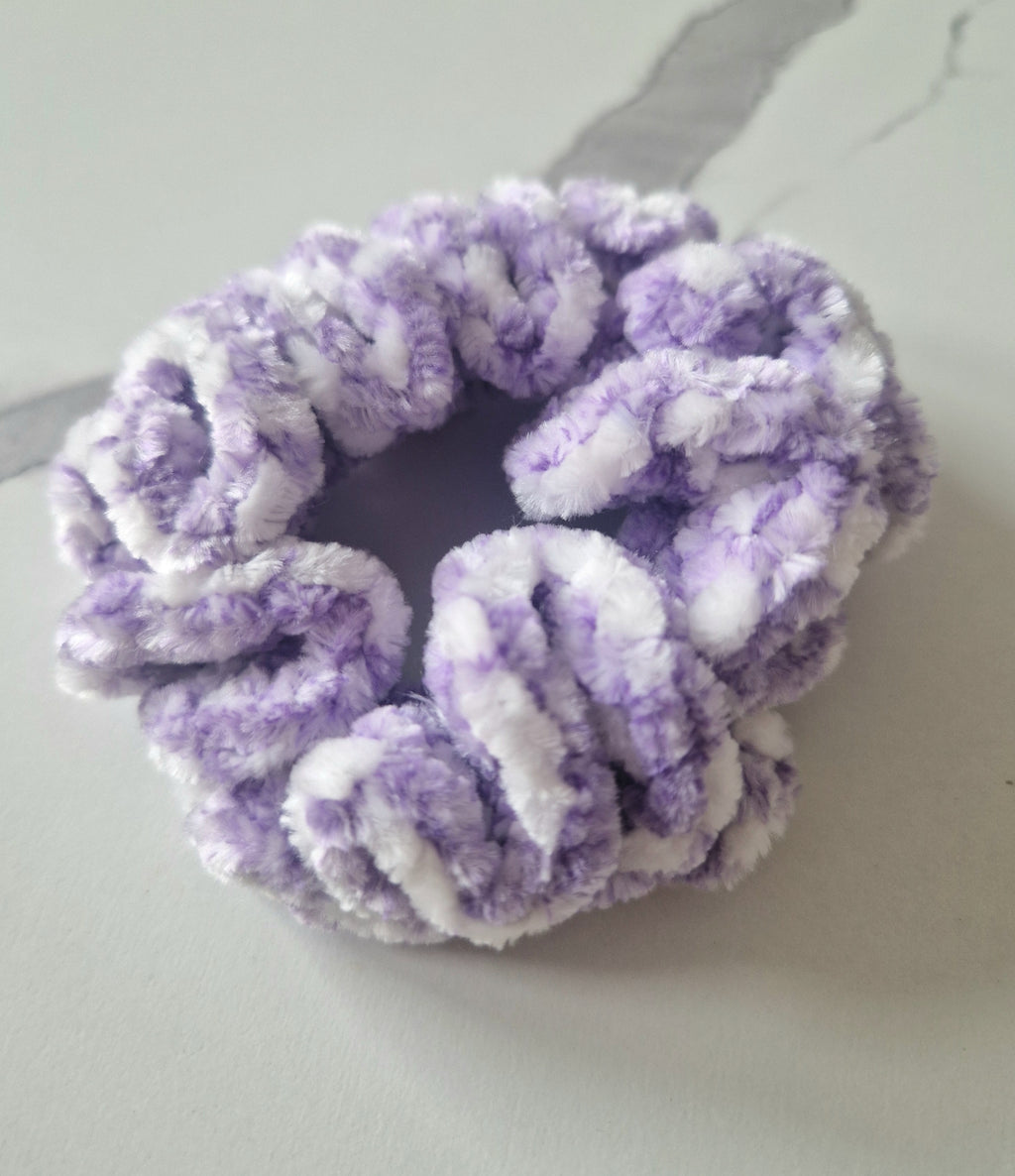Fluffy Crochet Scrunchie Purple and white