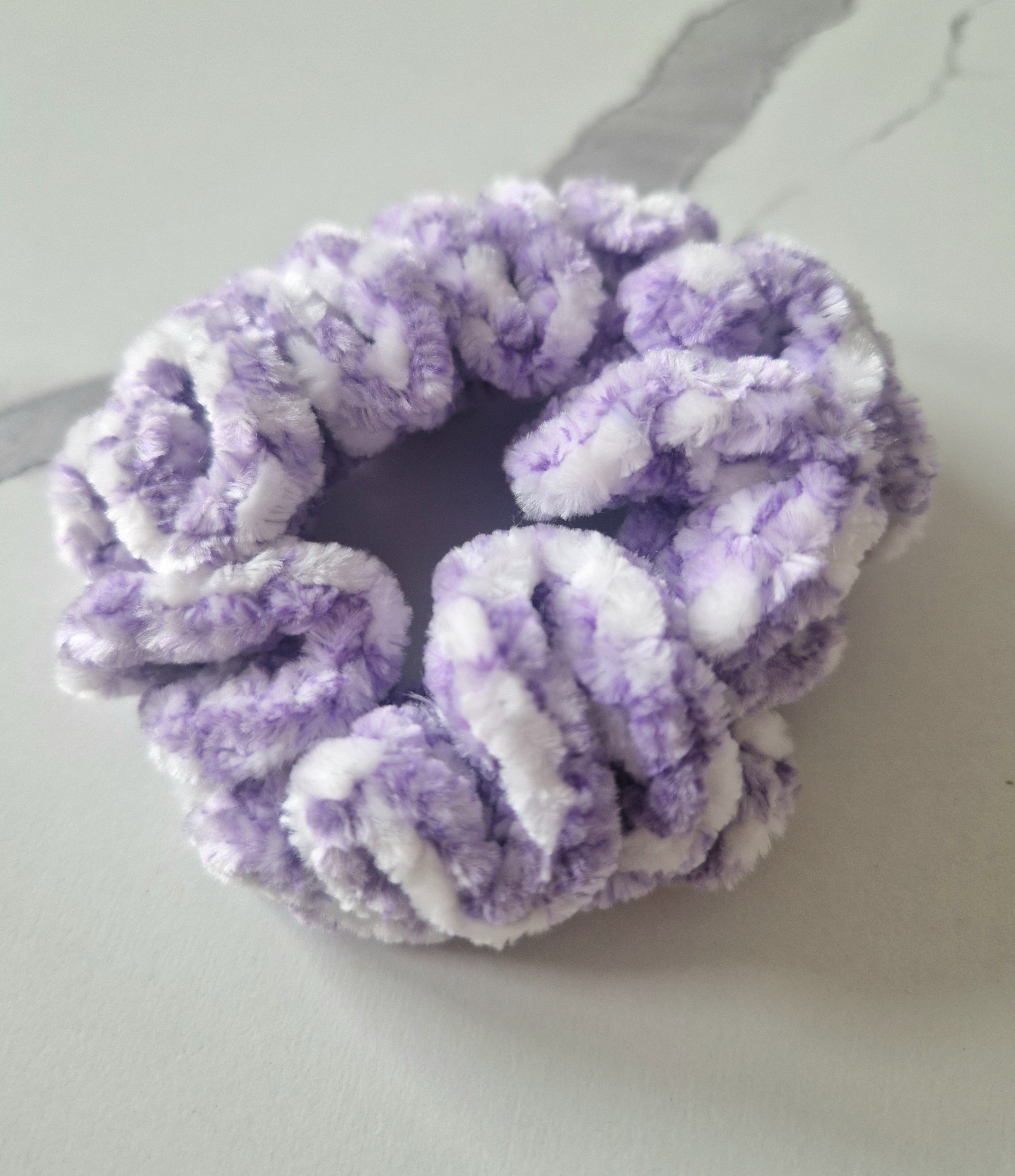 Fluffy Crochet Scrunchie Purple and white
