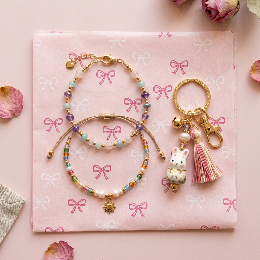 Small Handmade Jewellery Mystery Pack — two bracelets and a keychain charm