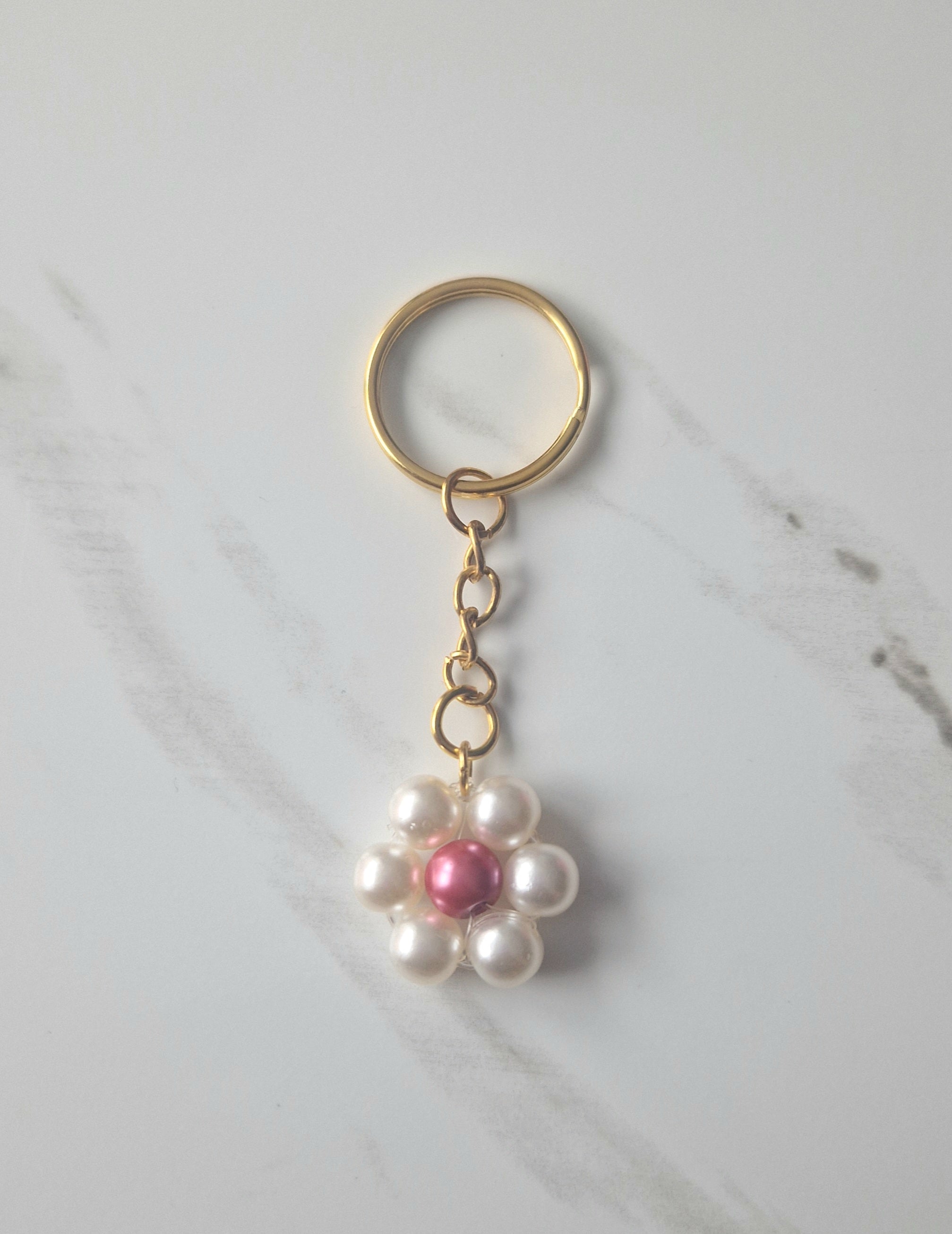 White Faux Pearl Beaded Flower Keychain Small