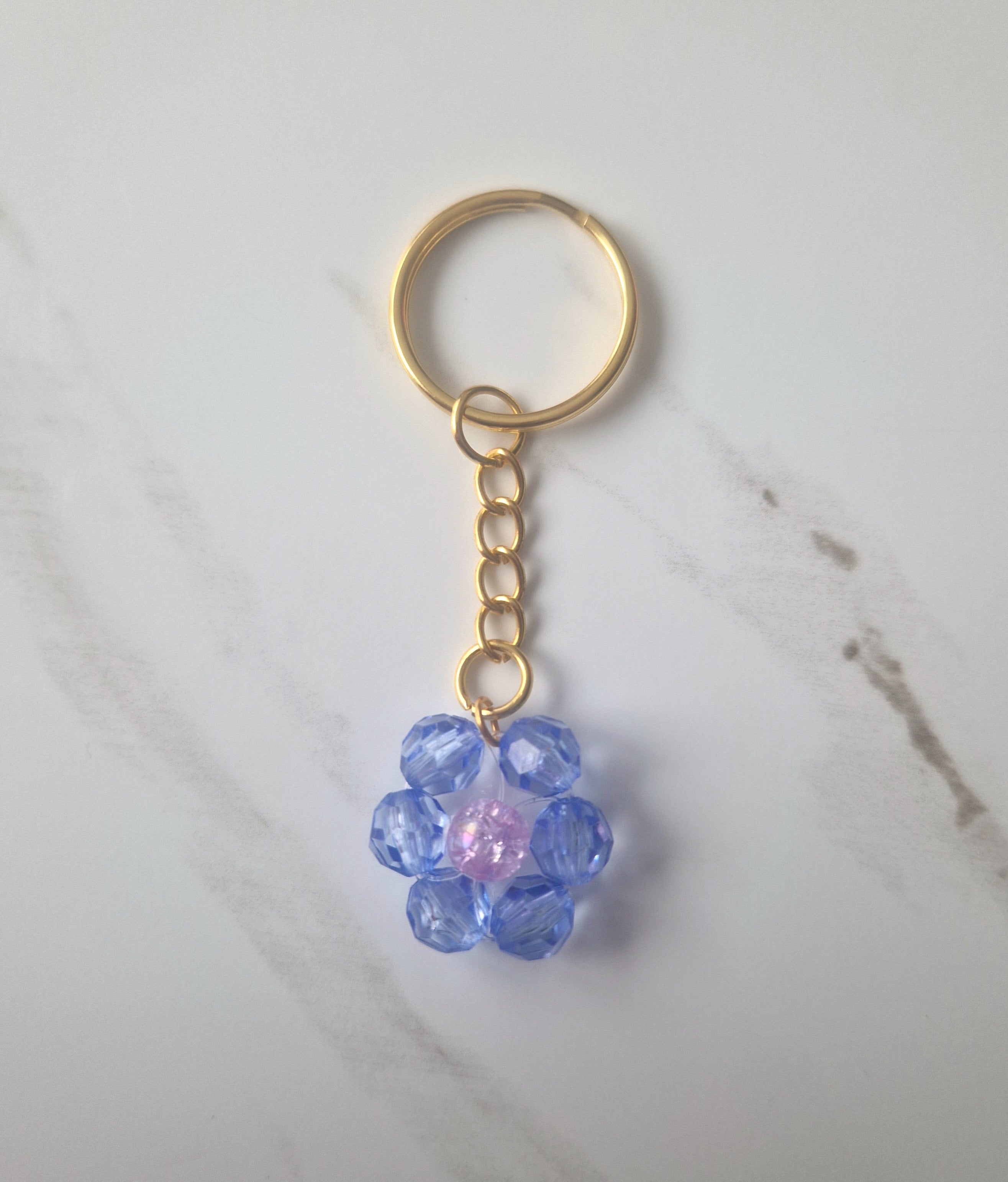 Cute Blue Beaded Flower Keychain Small