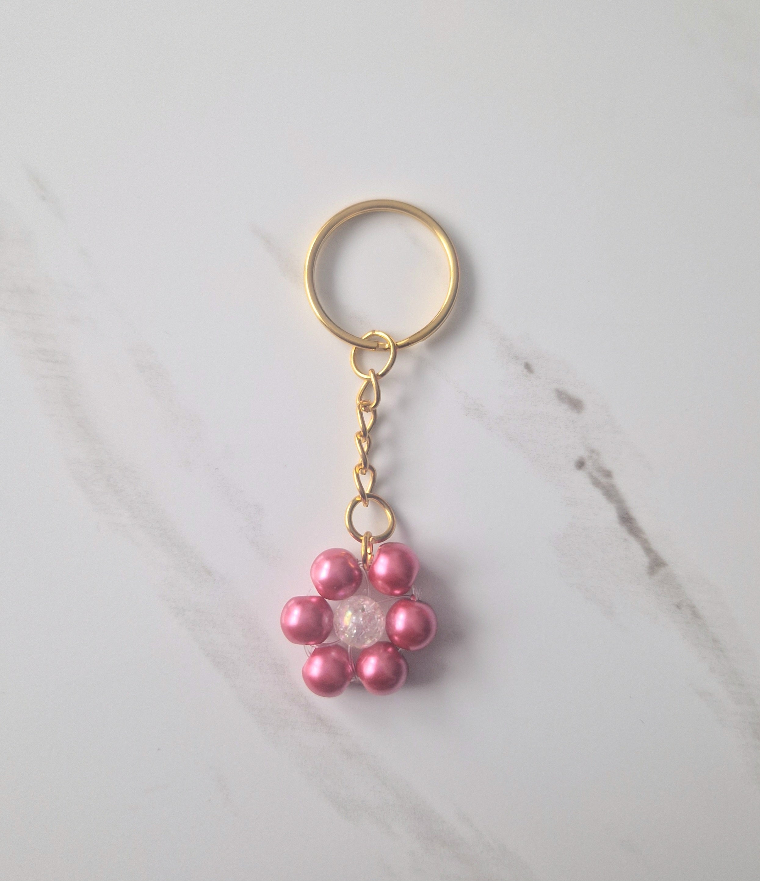 Pink Faux Pearl Flower Beaded Keychain