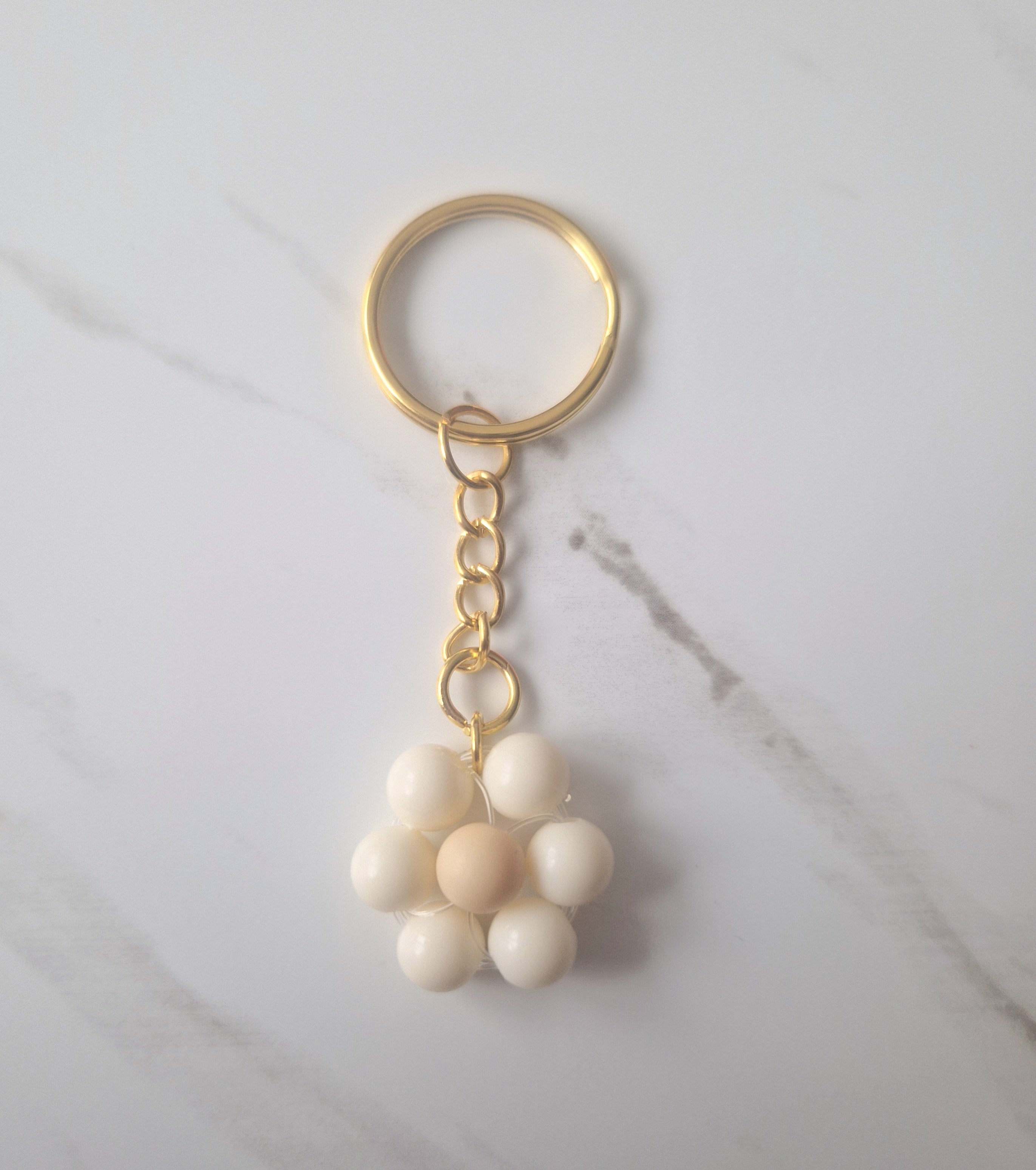 Cute White Beaded Flower Keychain Small