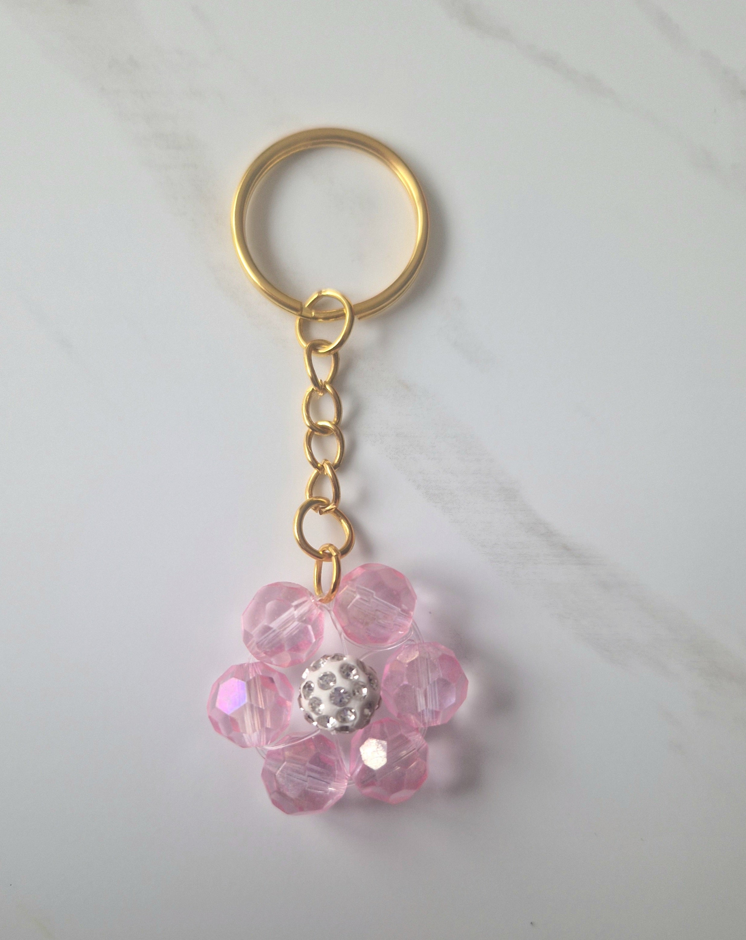 Pink Beaded Flower Sparkle Keychain Medium